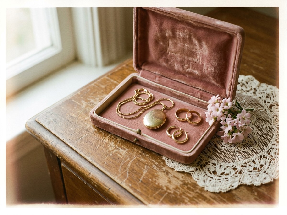 Vintage velvet jewellery box with gold pieces